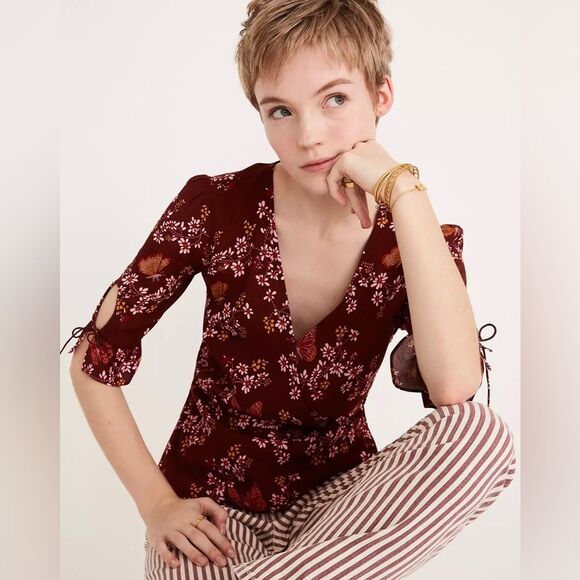 Madewell Tie-Sleeve Wrap Top in Butterfly Sanctuary Womens Size 2 - Picture 2 of 11